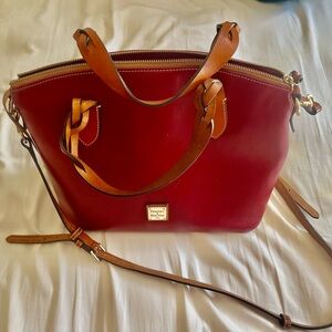 Dooney & Bourke Red and Brown Leather Tote with Gold Hardware